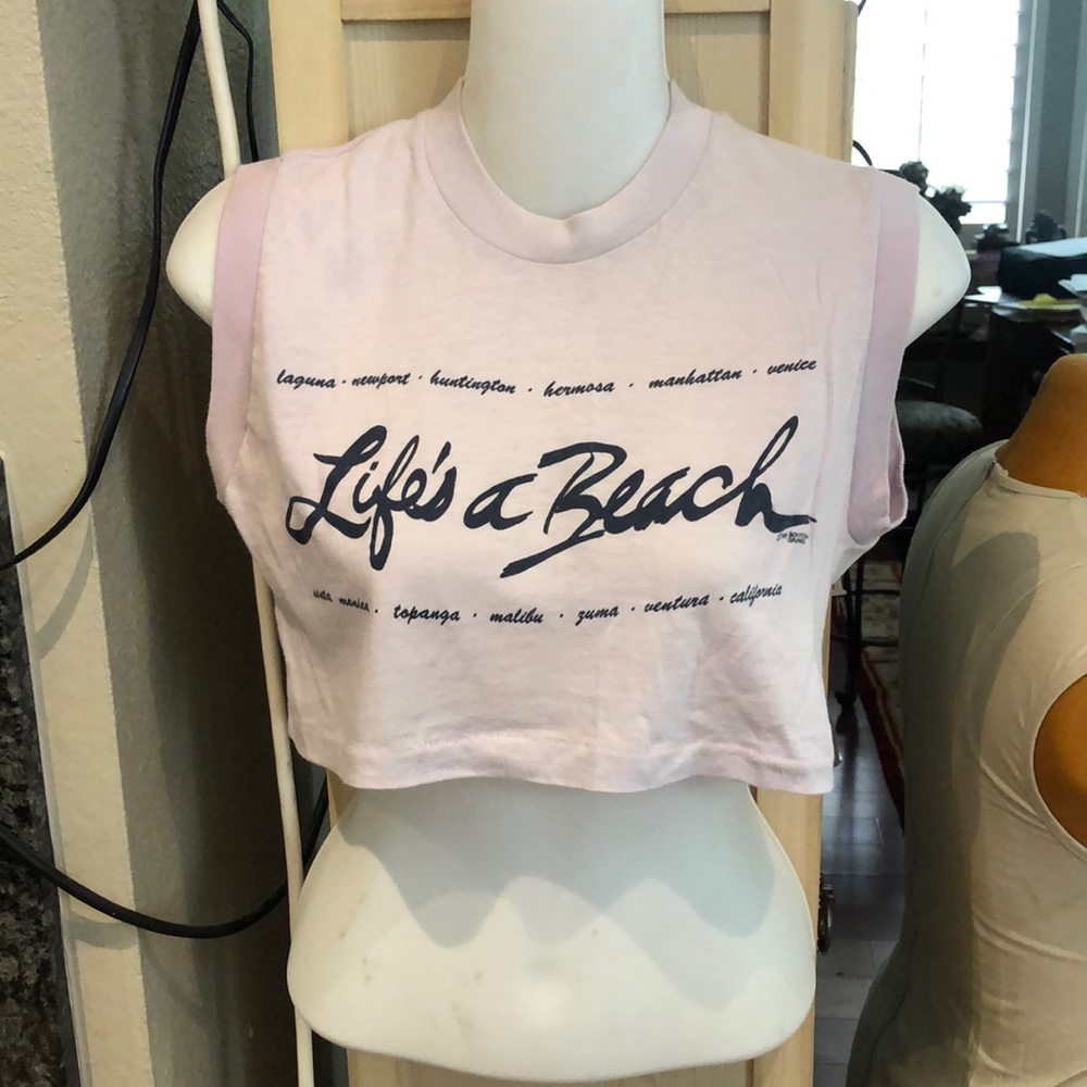 Crop Top T Shirt “Life’s a Beach” size Small Lavender with Black Lettering